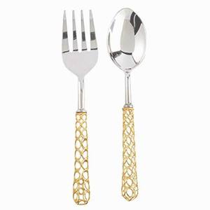 High Quality Wedding Salad Server <b>Tableware</b> Brass Golden Twig Handle With Leaves Design Salad Server - Product Image 3