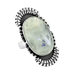 Oxidized 925 Sterling Silver Natural Rainbow Moonstone Gemstone Oval Cabochon Ring For Women Blue Fire