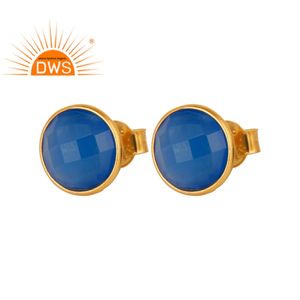 Petit 925 Argent Calcédoine Bleue Ronde Coupe Boucles D'oreilles Fabricant 18k Plaqué Or Bijoux Fournisseur - Product Image 1