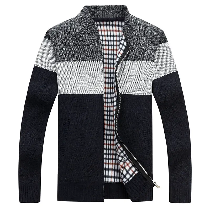 Winter Long Sleeve O Neck Jacket Grey Color Block Zip Up Coat Mens Cardigan Sweater