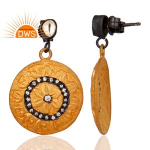 Pendientes de Cristal de Circonio Hechos a Mano, Juego de Piedras Preciosas, Venta al por Mayor, Pendientes Colgantes de Disco de Diseñador, Chapados en Oro de 22k, Joyería de Plata - Product Image 2