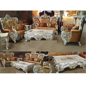 Set Sofa ruang tamu kayu Ukir perak Royal Polish perak furnitur ruang gambar grosir furnitur mewah untuk dekorasi rumah