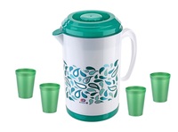Carafe en plastique de qualité alimentaire sans BPA, compatible micro-ondes, avec couvercle et poignée latérale - 2600 ml (88 oz) 4 gobelets en plastique de 300 ml écologiques