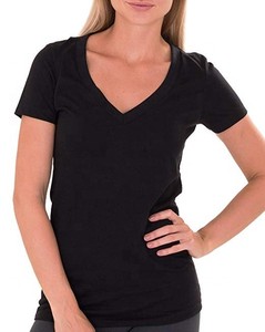 Camiseta de manga corta con logotipo personalizado para mujer, camisa 100% de algodón con cuello en V, color blanco - Product Image 5