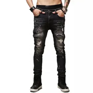 Pantalones vaqueros rasgados para hombre, Jeans ajustados de alta calidad para motorista, 100% algodón, negro, para correr