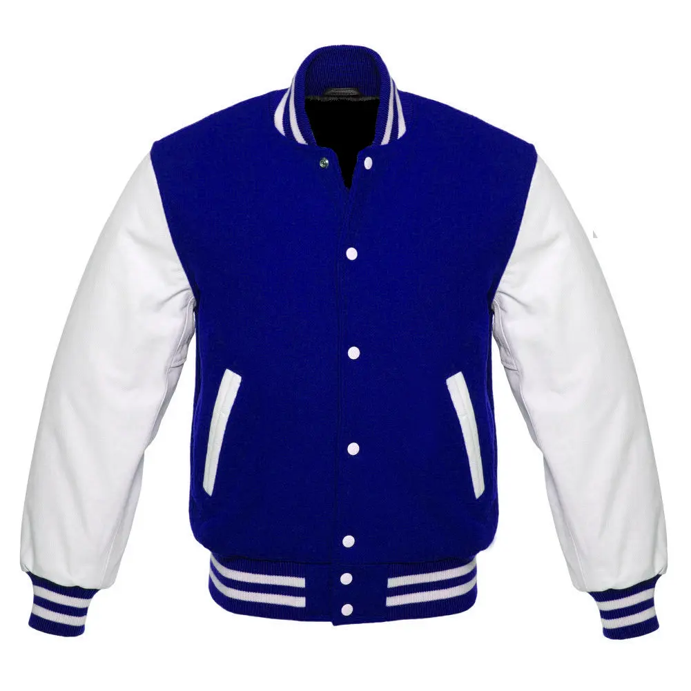 Royal Blue Wol Varsity Letterman Bomberjack Met Wit Pure Lederen Mouwen