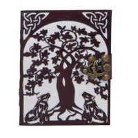 Carnet d'adresses classique vintage en cuir marron et blanc 7x5 pouces, avec reliure thermique et motif loup sur arbre, nouvel outil manuel de découpe