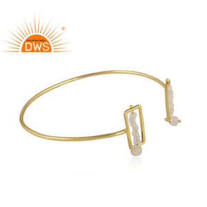 Gold Plated 925 <b>Silver</b> Frame Beaded Rainbow Moonstone <b>Cuff</b> Bangle Gemstone Jewelry for Women Gift for Her - Product Image 2