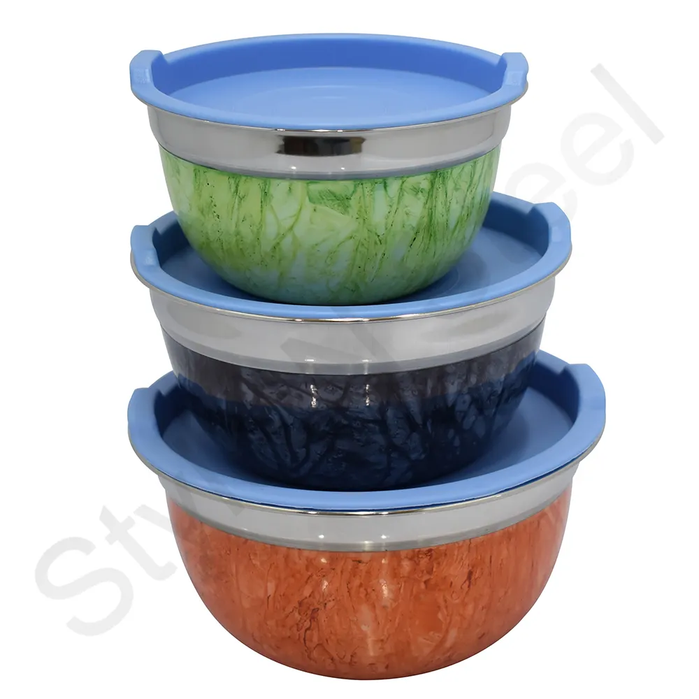 Heat Insulated Bottom Rice Soup Mixing Bowls German Mixing Bowl With Marble Color & Inside Lid 3pcs Set