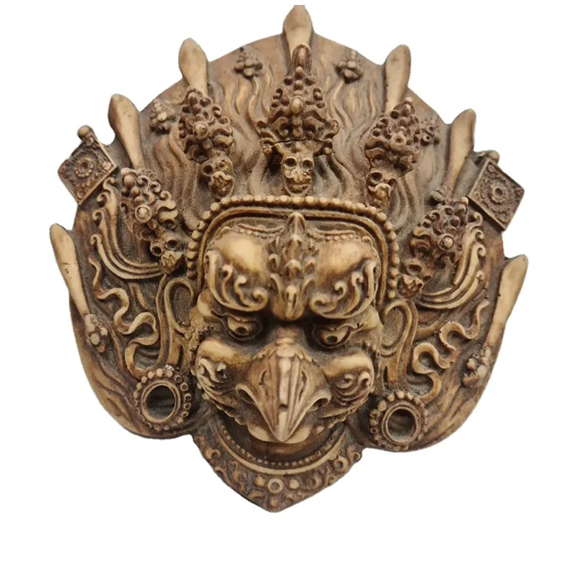 Handgemaakte Thuis Sculptuur Gezicht Muur Decor Houten Carving Nepal & Collectible Graveren Religieuze Metalen, Hout Boeddhisme India Art