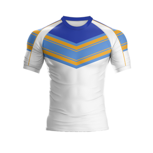 Camiseta de rugby de diseño personalizado de alta calidad, camisa blanca y azul transpirable y cómoda con conjuntos de tamaño personalizado con logotipo - Product Image 1