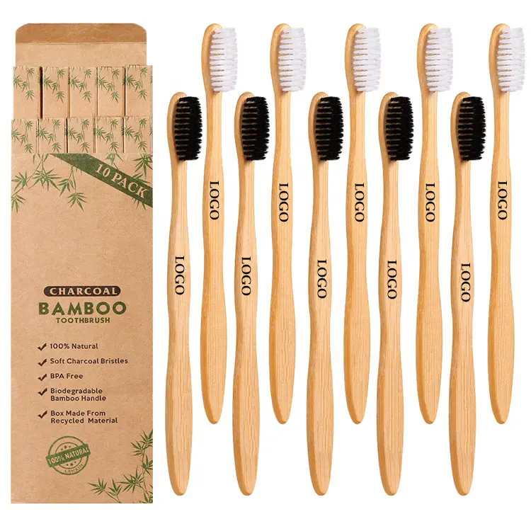 Échantillon gratuit personnalisé en gros biodégradable écologique noir doux bambou brosse à dents charbon de bois Bambo Bambu bambou brosse à dents