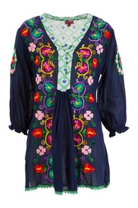 Boho Floral Embroidered Cotton Midi Dress V-Neck <b>Three</b> Quarter Sleeve Loose Fit Summer Casual Women's Tunic Rajasthan In-Stock - Product Image 4