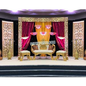 Scène de mariage dorée de style arabe, décoration de scène de mariage indien multicolore, idées et accessoires de décoration de scène de mariage arabe - Product Image 1