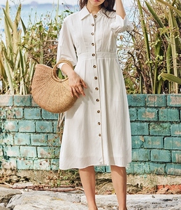 Nuevo Vestido Formal de Lino Crepé 100% Blanco, Manga 3/4, Cuello Camisero, Largo hasta la Rodilla, Transpirable para Mujer - Product Image 2