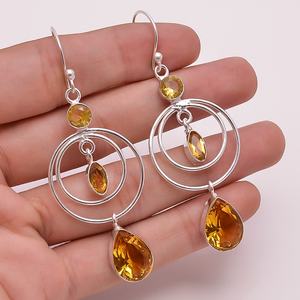 Boucles d'oreilles plaquées en argent massif 925, bijoux en pierre précieuse de Quartz Citrine, Design personnalisé de fabrication - Product Image 1