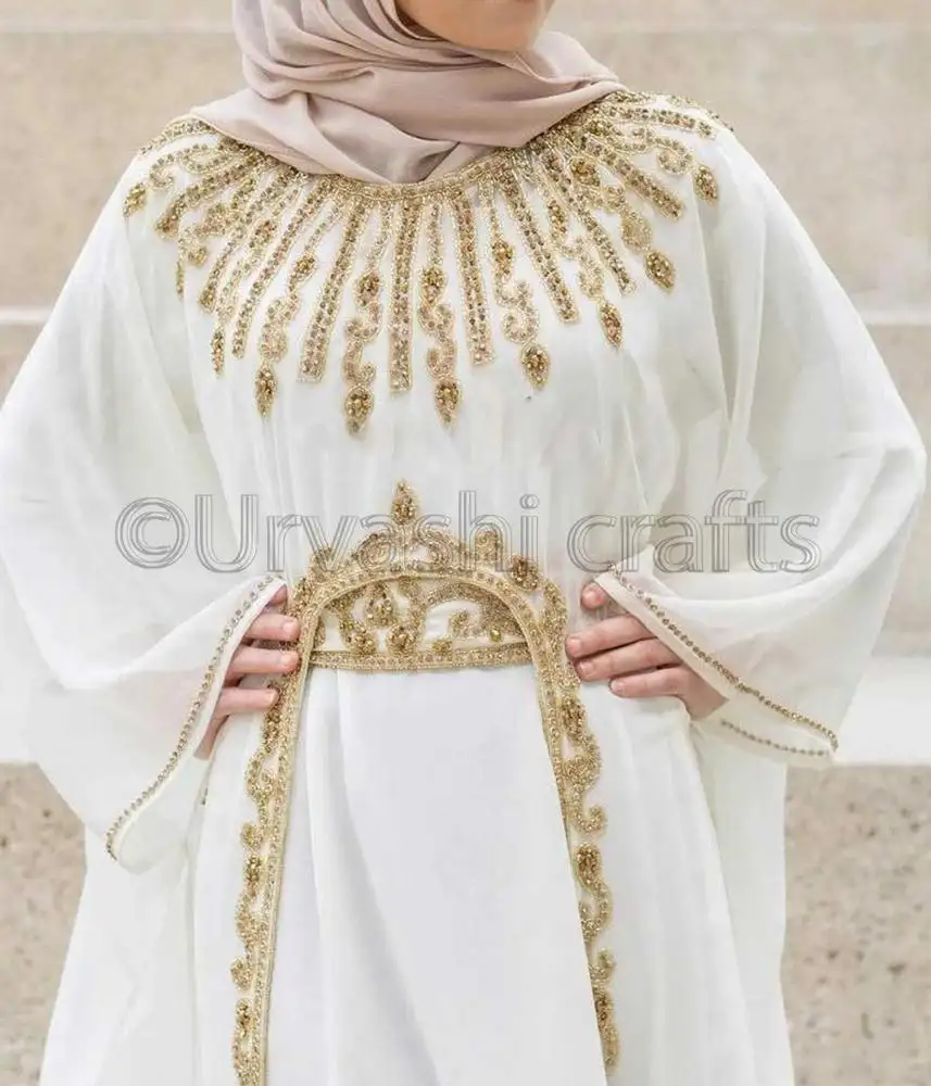 Perfect Royal Look Gorgeous Handmade Gold Crystal Work Matching Cardigan And Belt Dubai Jalabiya Kaftan Abaya Dress