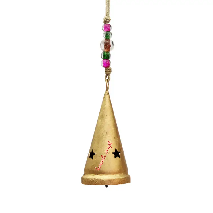 Rustic iron metal golden colored designer Garden decor wind bells cone shaped cow bells