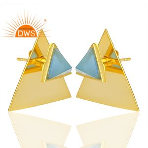 Blue Chalcedony Gemstone Earrings 925 Silver Gold Plated Triangle Shape Stud Earrings Manufacturer Jewelry - Product Image 2