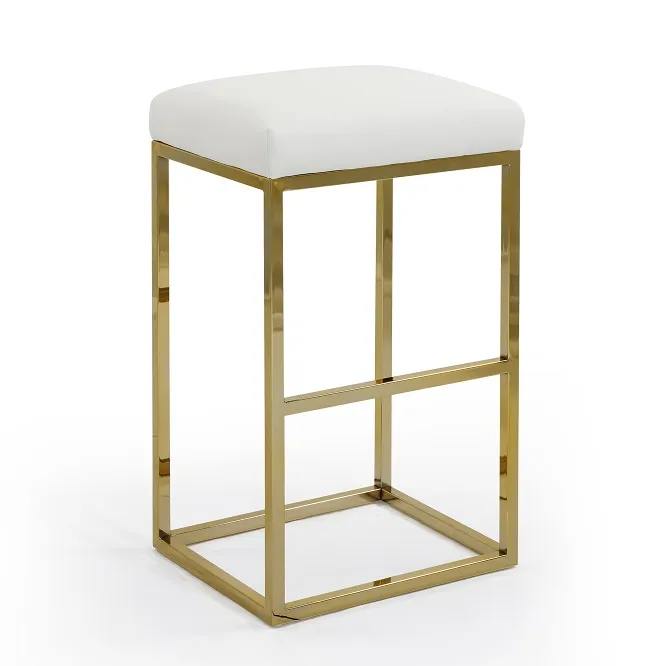Skyler Bar Stool Chair PU Leather Upholstered Seat Backless Design Architectural Goldtone Solid Metal Base, White