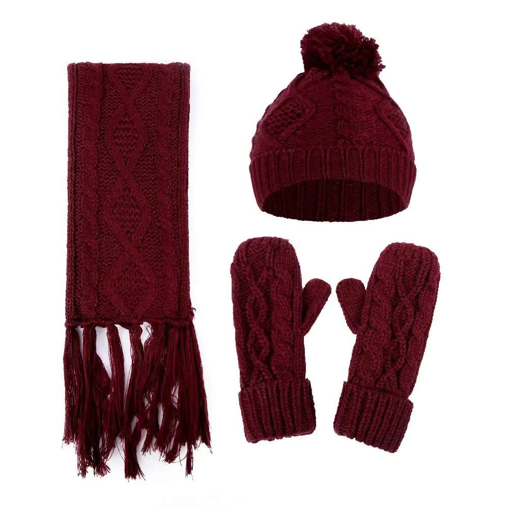 Ensemble bonnet chaud pour femmes, 3 pièces, écharpe en fibre acrylique tricotée à pompon, tenue chaude, motif flocons de neige, collection hiver 100%