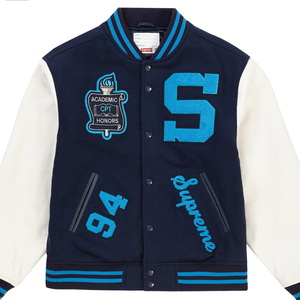 Chaqueta Varsity con Capucha Personalizada OEM |   Chaqueta Letterman Azul Marino, Gris Jaspeado y Amarillo |   para lana/poliéster unisex grueso - Product Image 1