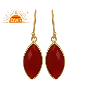 Perhiasan Anting-Anting Menjuntai Batu Permata Onyx Merah Potongan Nanette Alami 14K Lapis Emas 925 Perak Murni Perhiasan Grosir
