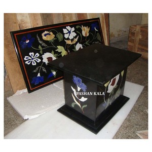 Black Marble Inlay <b>Work</b> Dining <b>Table</b> Top With Stand - Product Image 1