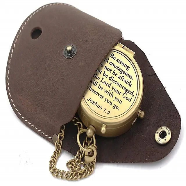 New Design Nautical Brass Compass with Scripture Joshua 1:9 is Engraved, Brass Compass With Leather Case