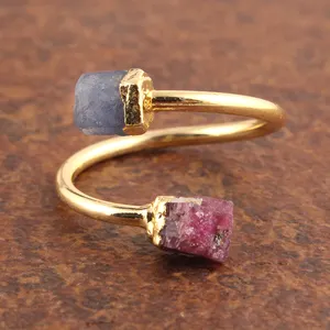 Самые Элегантные продажи, кольцо с натуральным голубым Сапфиром И Рубином, позолоченное регулируемое кольцо, дизайнерское кольцо в стиле бохо унисекс из вермиля