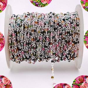 Perles de tourmaline multicolores en argent 925 poli, chaîne de connecteurs, pierres lisses et libres pour la fabrication de bijoux - Product Image 1