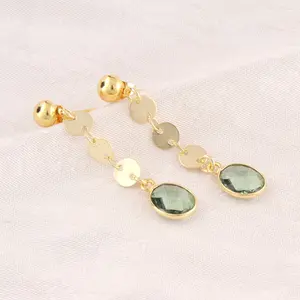 New arrivals latest design earring 8x10mm oval faceted green amethyst quartz gold/silver plated link coin drop dangle earrings