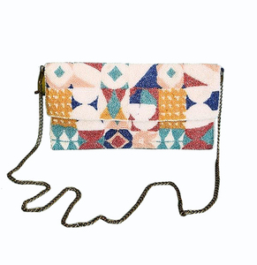 Women's Stylish Designer Fashionable Hand Beaded Chain Clutch <b>Wallet</b> Long PU Lining Zipper Cotton Sling Purse Geometric Pattern - Product Image 1
