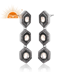CZ Crystal Quartz Gemstone Hexagon Design Sterling <b>Silver</b> Trendy Bezel Set <b>Drop</b> <b>Earrings</b> for Women Gift - Product Image 2