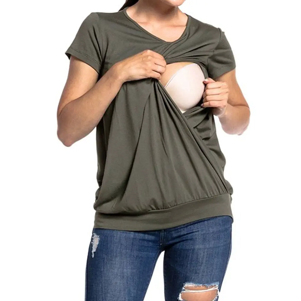 Hot Sale Women Pregnant Nursing Tops Breastfeeding T-Shirt For Summer / Round Neck Short Sleeved Maternity Breastfeeding