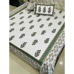 Indian Bed Sheet Coverlet Bedding Bedsheet Cotton Bed Size Jaipuri design Hand Block Print Bed Cover Set Wholesale Handmade