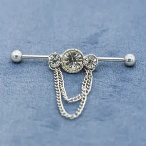 Surgical steel industrial barbell ear piercing jewelry with shiny round zircons metal chains design made in shenzhen