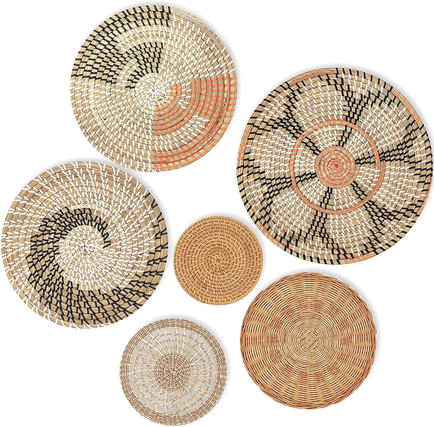 yazi Rieten wandmanddecoratie, set van 5 handgemaakte geweven mand, rotan mand voor woonkamer of slaapkamer, unieke kunst aan de muur