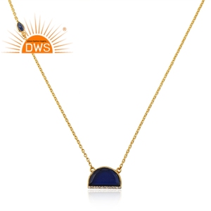 Half Moon Design Blue Corundum Pendant Necklace Gemstone Jewelry Wholesale Gold Plated 925 Silver Chain Necklace - Product Image 2
