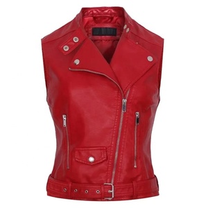 Women's <b>Red</b> PU Leather Sleeveless Biker Vest With Zipper Closure And <b>Belted</b> Waist - Product Image 1