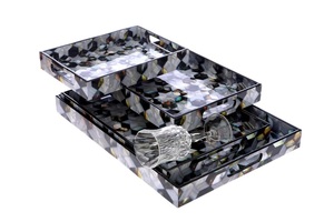 <b>Grey</b> Round Serving Tray with Metal Gold Handles – Decorative Ottoman & <b>Coffee</b> <b>Table</b> Tray. - Product Image 3