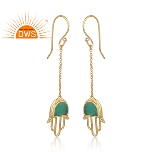 Boucles d'oreilles avec chaîne pour femme, bijou en plaqué or et argent, d'onyx vert, tendance, vente en gros - Product Image 2