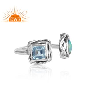 Natural Blue Topaz & Ethiopian Opal Ring Manufacturer Natural Fine 925 Sterling Silver For Girl's <b>Oxidized</b> Ring Jewelry - Product Image 3