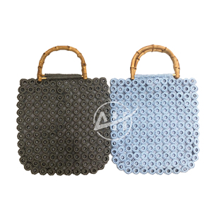 Handmade <b>Crochet</b> Ring Bag with PU Handle and Wood Rings Two Handles <b>Hook</b> & Loop Closure Polyester Material Shoulder Bag - Product Image 3