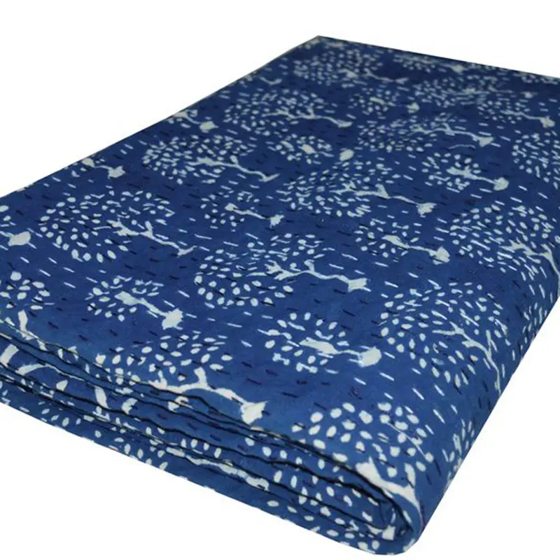 Nature Indigo Hand Stitched Hand Woven Kantha Bed Spread Tree Hand Block Print Comforter