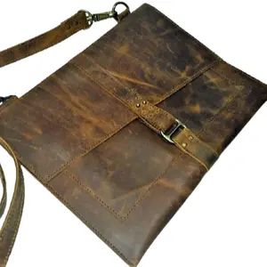 Vintage deri flep kapatma el yapımı ince Tablet askılı çanta