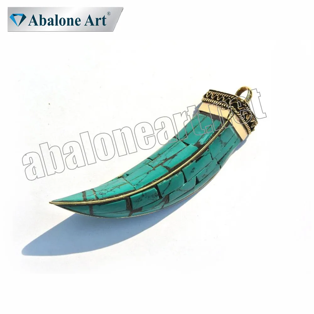 Abalone Art Groothandel Handgemaakte Blauw Aquamarijn Edelsteen Kralen Tibetaanse Stijl Hoorn Vormige Hanger Sieraden Voor Budget Prijs