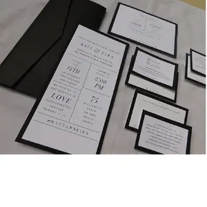 بطاقات زفاف بطبقات مصنوعة حسب الطلب باللونين الأبيض والأسود مع نص مطبوع من الحرير مناسب لساحات الزفاف