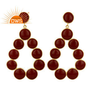 Pendientes colgantes de gota de piedras preciosas de jaspe rojo multi plata de ley chapada en oro amarillo indio fabricante colección clásica - Product Image 1