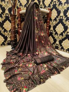 New Latest Heavy Designer Party Wear Saree Beautiful Red Color Net <b>Fabric</b> Sari with Joint Unstitched Blouse by Ethnic Clothing Garment - Product Image 3